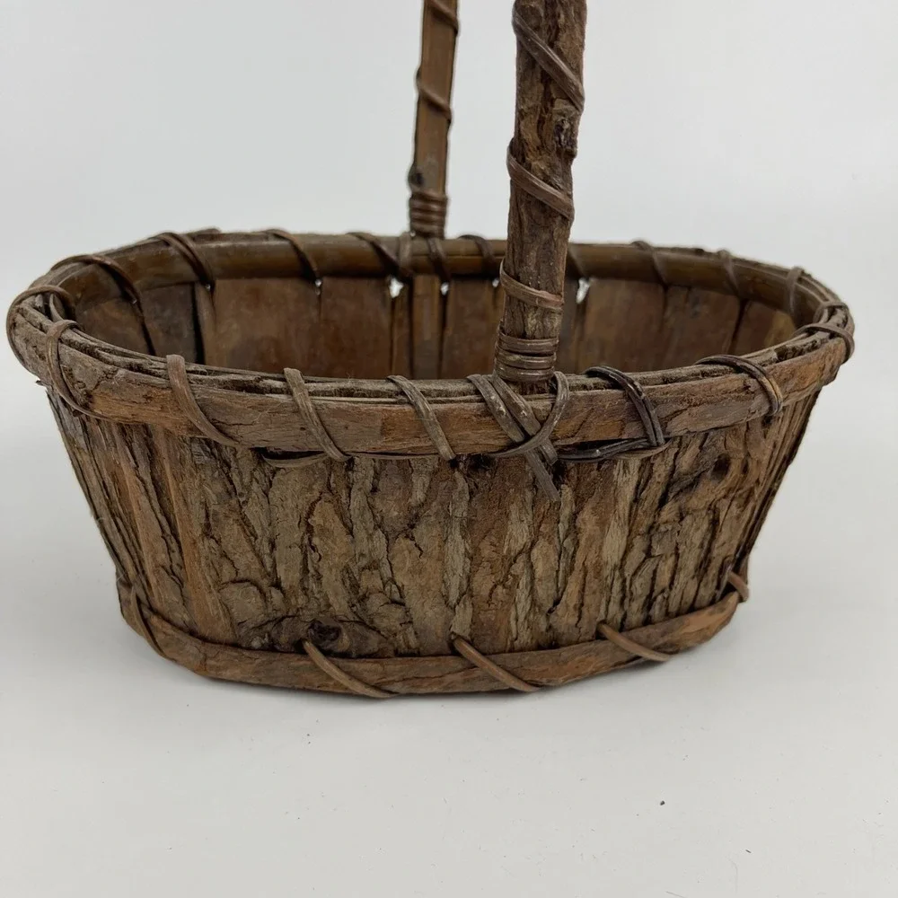 Rustic Natural Tree Bark Gathering Basket with Handle Oval Primitive Wood Decor